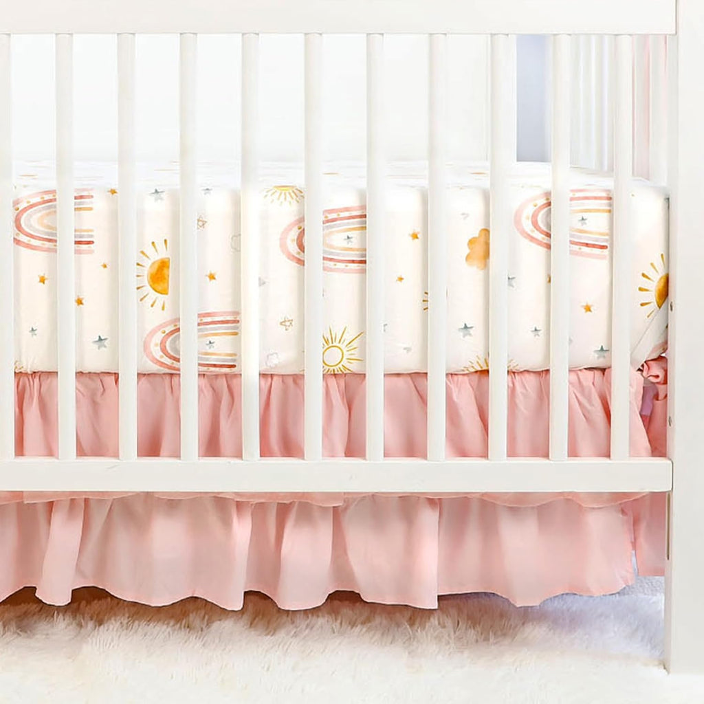 CARULLI Crib Bedding Set for Girls, 4-Piece Pink Rainbow Baby Crib Bedding Set, Soft & Cozy Crib Sets Includes Comforter, Fitted Crib Sheet, Crib Skirt, and Diaper Stacker
