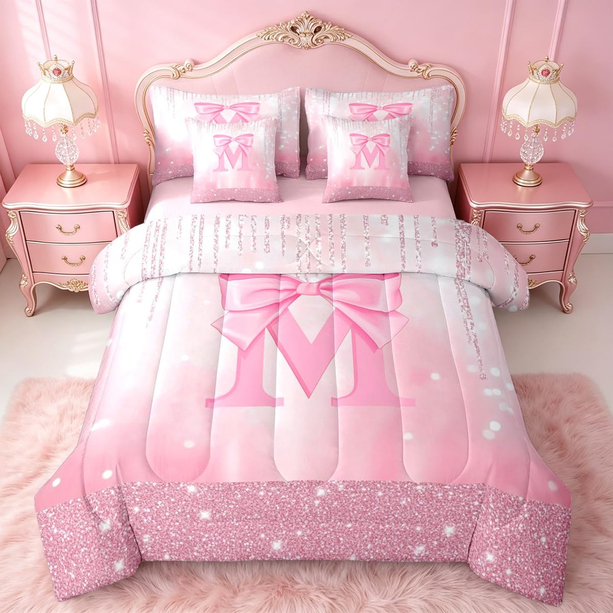 Feelyou Kids Pink Bowknot Bed in A Bag Twin Size, Personalized Initial A Comforter Set with Sheets Princess Glitter 7 Pieces Bedding Set Boys Girls Bow Alphabet Teens Bed Set Bedroom Decor 7Pcs