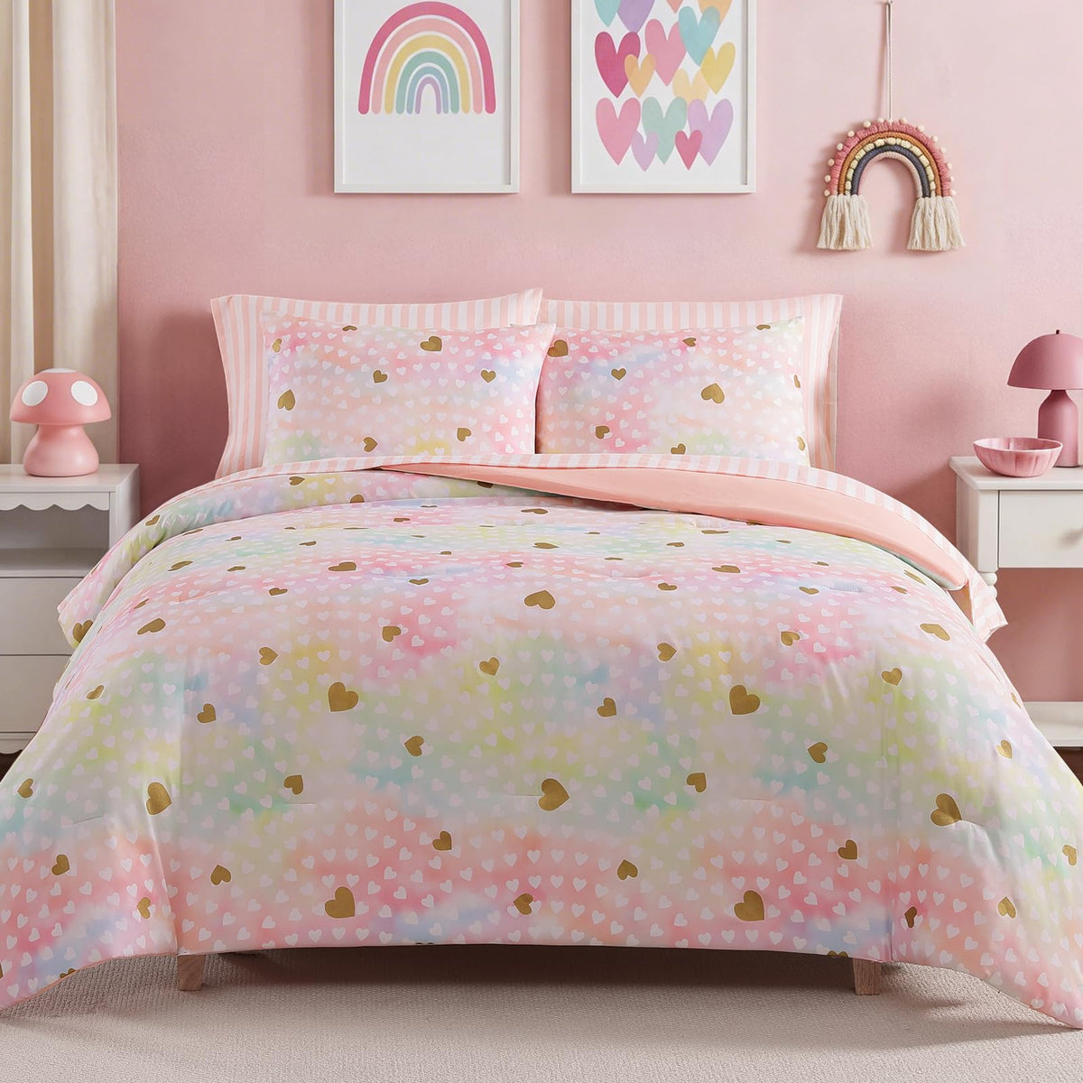 Twin XL Comforter Set for Girls - 5 Pieces Pink Floral Bed in a Bag
