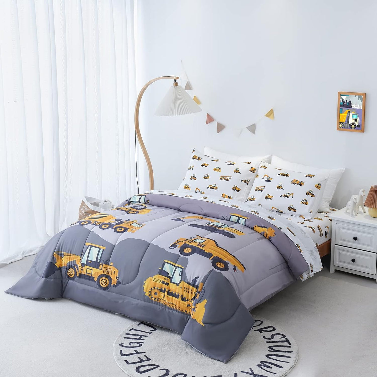 Cokouchyi Twin Size Comforter Set for Boys, 4-Piece Bed in a Bag, 3D Construction Bedding Comforter Sheet Set, Ultra Soft and Fluffy, Cartoon Truck Cars