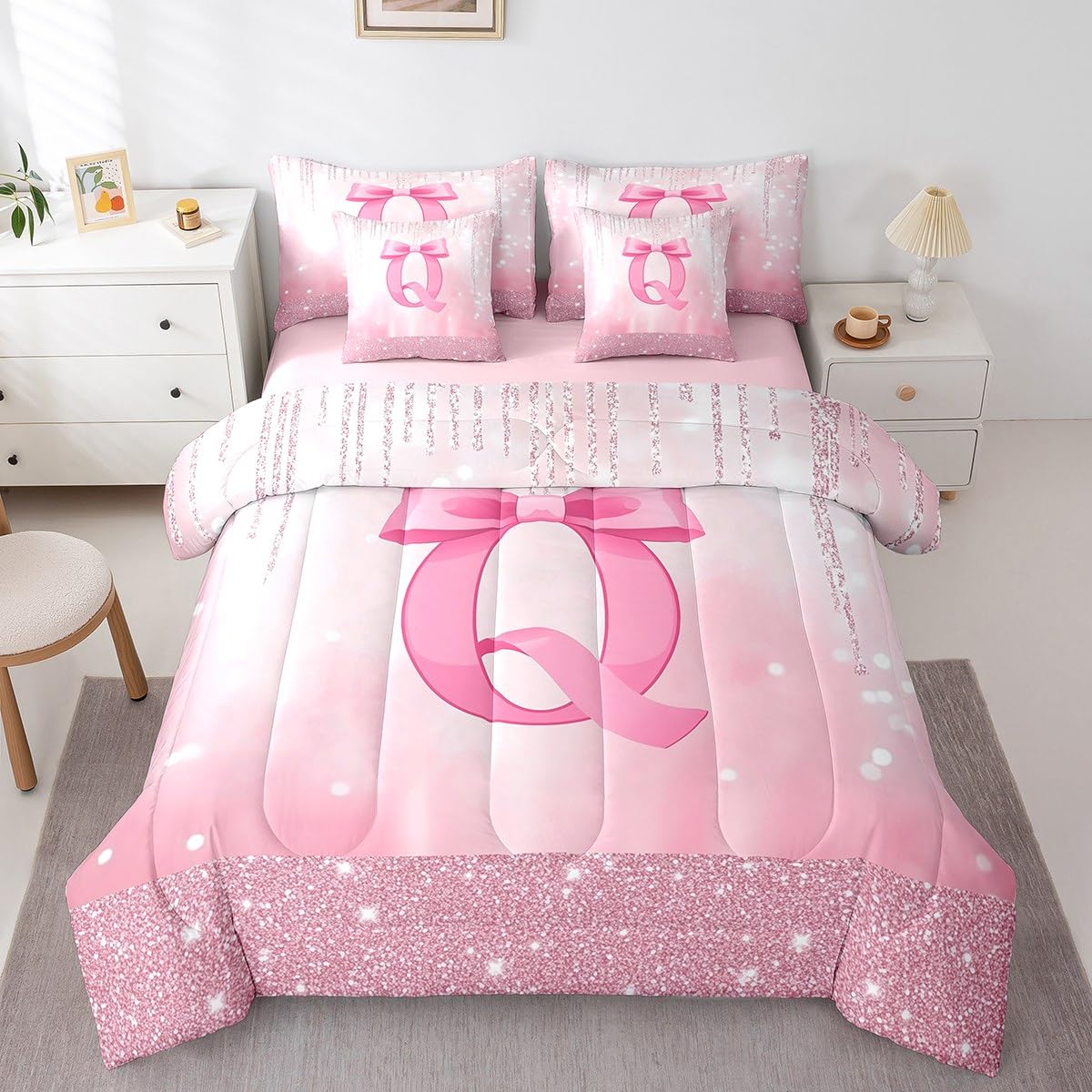 Feelyou Kids Pink Bowknot Bed in A Bag Twin Size, Personalized Initial A Comforter Set with Sheets Princess Glitter 7 Pieces Bedding Set Boys Girls Bow Alphabet Teens Bed Set Bedroom Decor 7Pcs