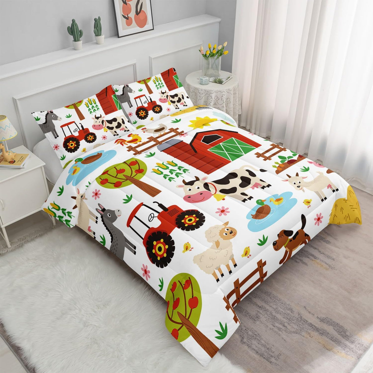 Kids Comforter Set Farm Theme Printed Pattern Bedding Set with 1 Comforter and 2 Pillowcases for Girls Boys Bedroom All Season(Farm Theme01 Twin)
