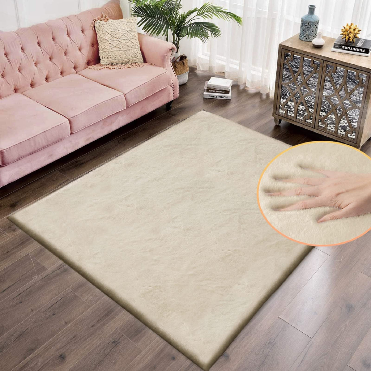 ORINOVA Beige Faux Sheepskin Rabbit Fur Shaggy Rugs for Bedroom Small Shag Washable Fluffy Fur Rug for Living Room Rug 2x3 Nursery Rectange Rugs
