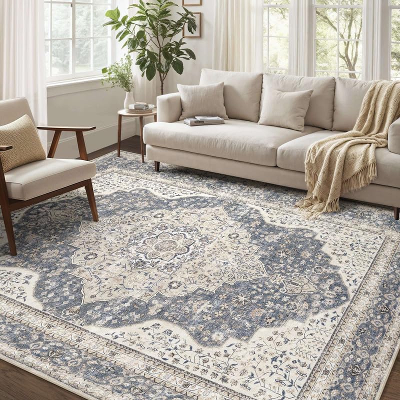 Vintage 9x12 Washable Area Rugs for Living Room, Non Slip, Brown