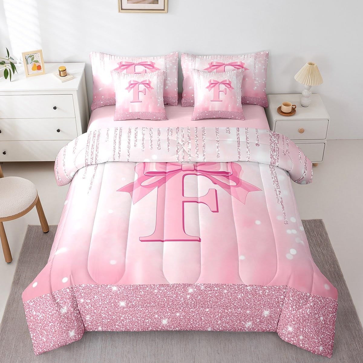 Feelyou Kids Pink Bowknot Bed in A Bag Twin Size, Personalized Initial A Comforter Set with Sheets Princess Glitter 7 Pieces Bedding Set Boys Girls Bow Alphabet Teens Bed Set Bedroom Decor 7Pcs