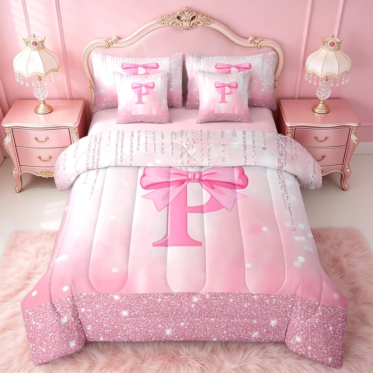 Feelyou Kids Pink Bowknot Bed in A Bag Twin Size, Personalized Initial A Comforter Set with Sheets Princess Glitter 7 Pieces Bedding Set Boys Girls Bow Alphabet Teens Bed Set Bedroom Decor 7Pcs