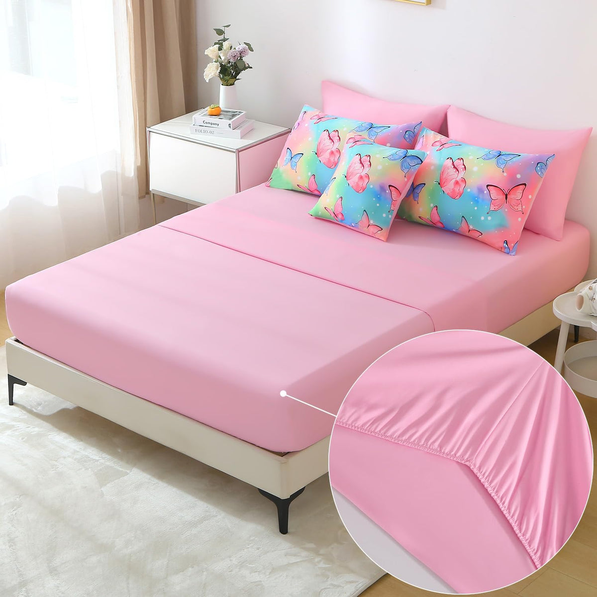 JQinHome 6 Pc Twin Rainbow Butterfly Comforter Set - 3D Butterfly Design Butterflies Bedding with Sheet Sets Bed in A Bag for Girls Kids Teens (Rainbow)