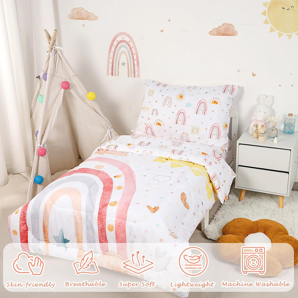 Toddler Bedding Set for Girls 4 Piece Pink Rainbow Toddler Girl Bedding Set Super Soft & Lightweight Toddler Comforter Set Includes Comforter, Flat Sheet, Fitted Sheet, Pillowcase
