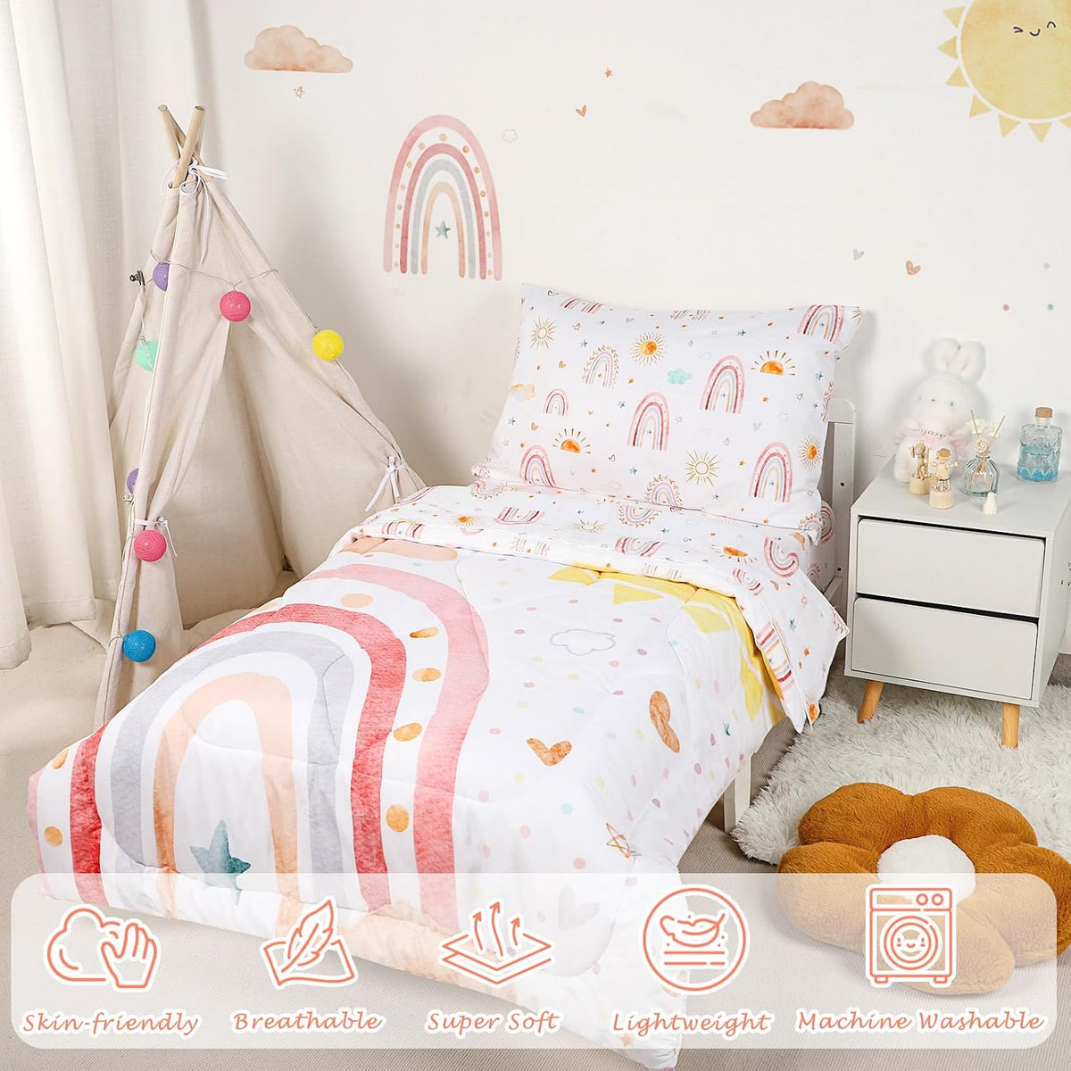 Toddler Bedding Set for Girls 4 Piece Pink Rainbow Toddler Girl Bedding Set Super Soft & Lightweight Toddler Comforter Set Includes Comforter, Flat Sheet, Fitted Sheet, Pillowcase