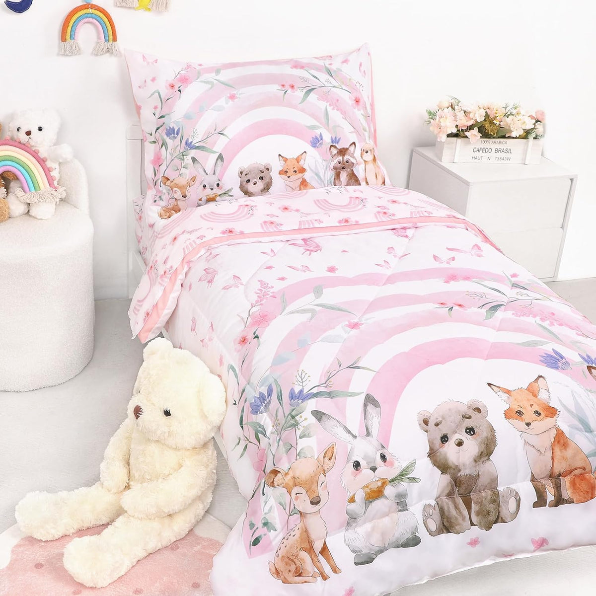 Hooyax Toddler Bedding Set for Girls - 4 Piece Rainbow Toddler Comforter Set Includes Fitted Sheet, Comforter, Pillowcase & Flat Sheet - Soft Comfort Microfiber for All Seasons