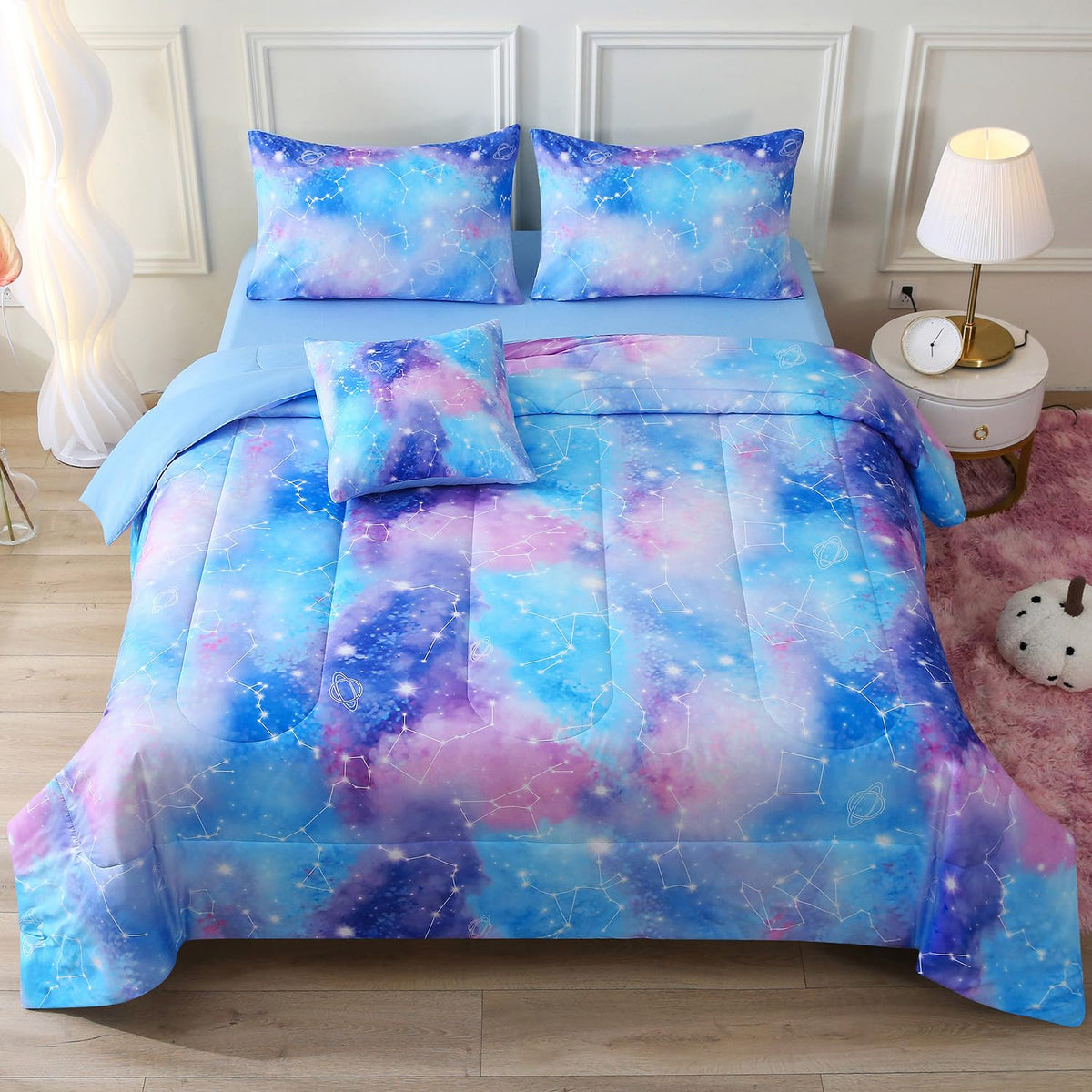 JQinHome Twin Pink Purple Comforter Set, 6 Piece Bed in A Bag 3D Colorful Bedding Set for Girls Kids (1 Comforter,2 Pillowcases,1 Flat Sheet,1 Fitted Sheet,1 Cushion Cover)(Pink Purple)