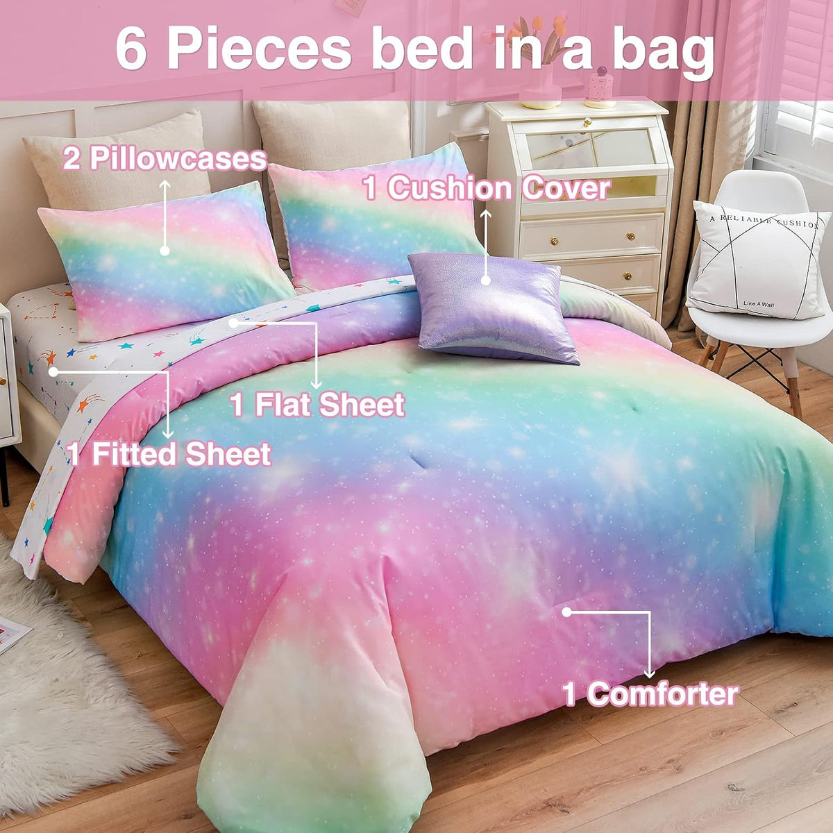 A Nice Night 6Pcs Gradient Glitter Twin Comforter Sets for Kids