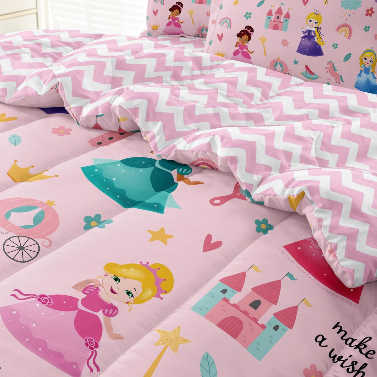 Kids Girls Princess Comforter Set, Twin Size, Pink