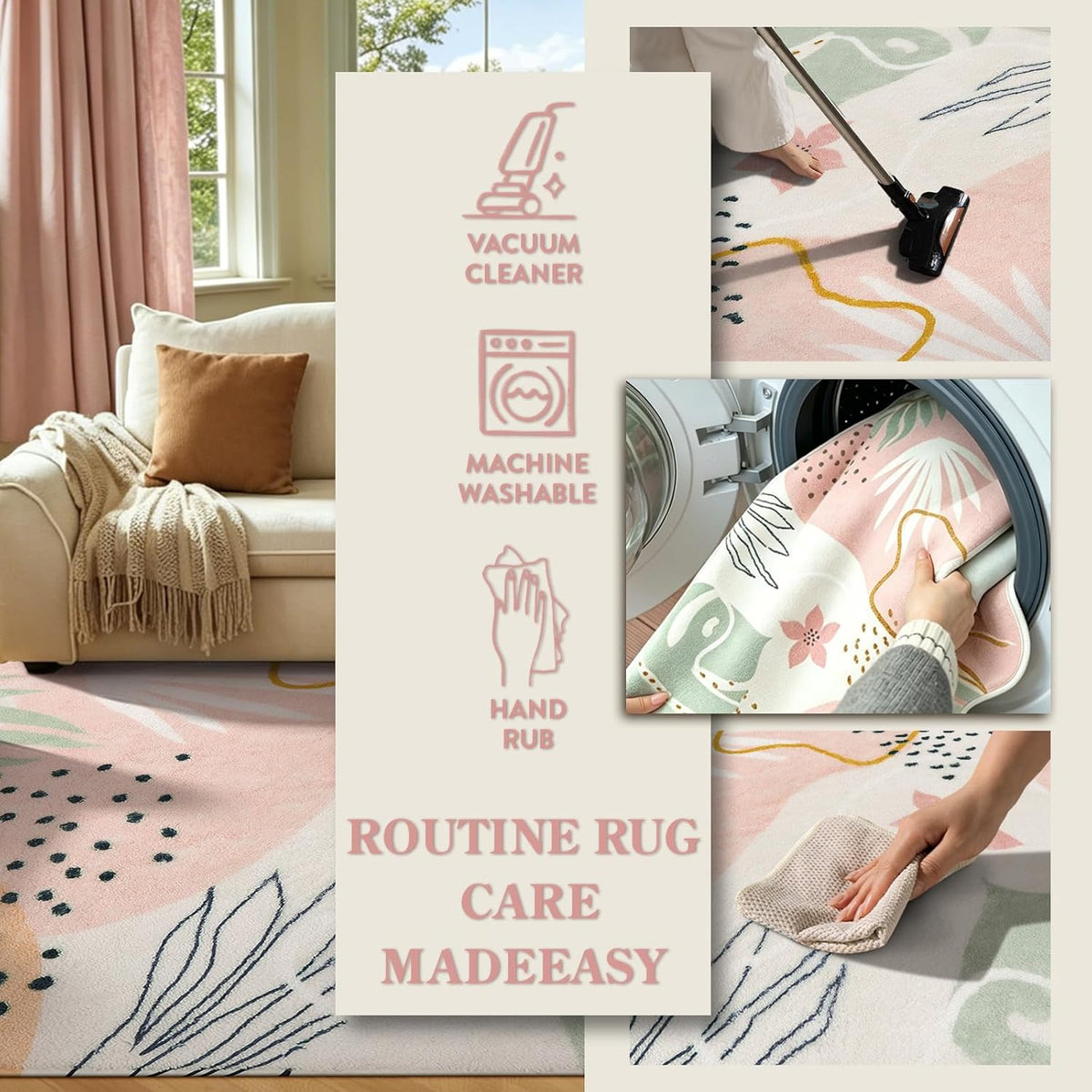 Lahome Pink Boho Nursery Rug 4x6, Washable Non Slip Soft Botanical Area Rug for Girls Bedroom Kids Room Playroom Dorm Apartment Decor