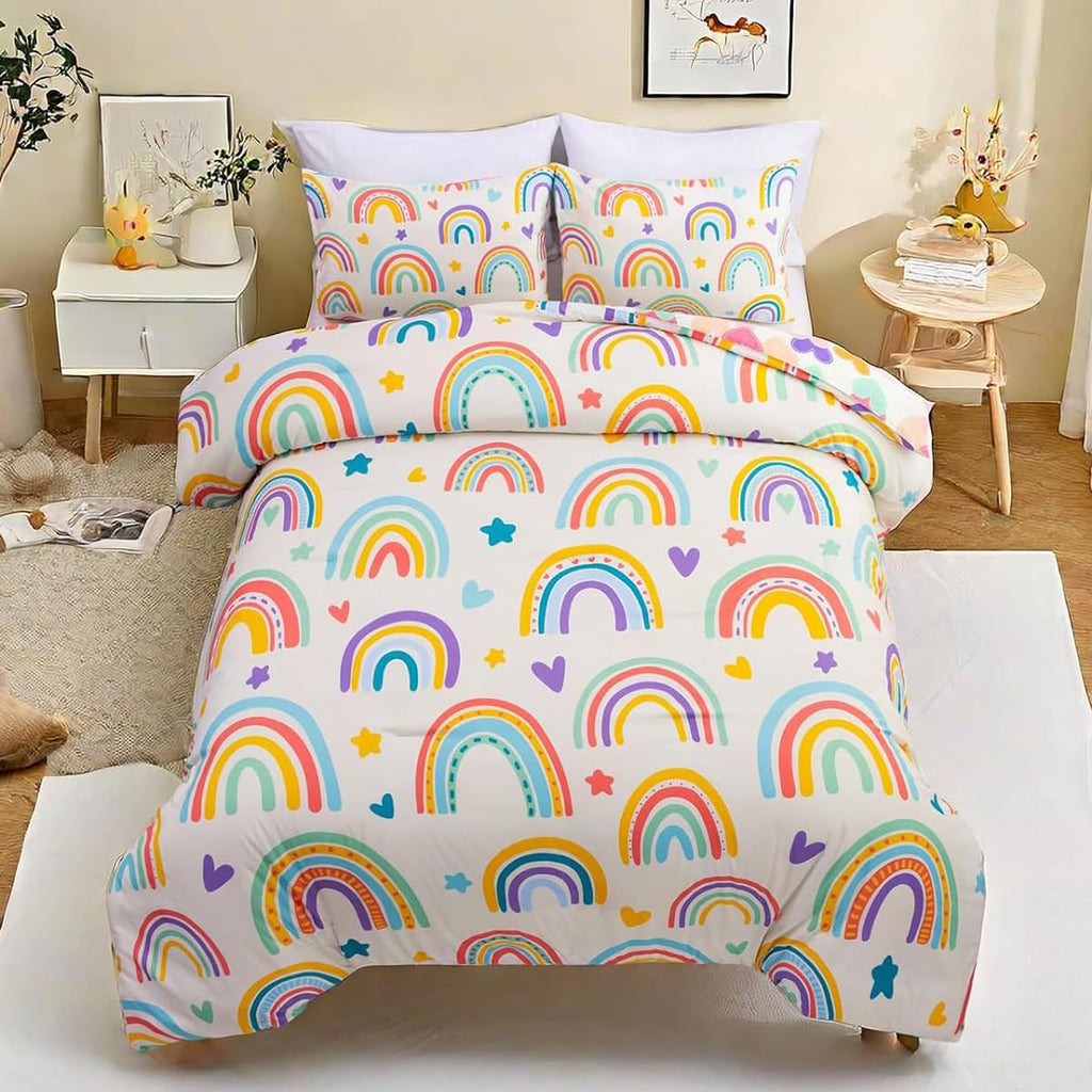 Btargot Lightweight Soft 3 Piece Rainbow Comforter Set with 2 Pillow Covers, Cartoon Love Hearts Flowers and Grass Bedding Set for Girls Boys Kids, Full Multi-Color