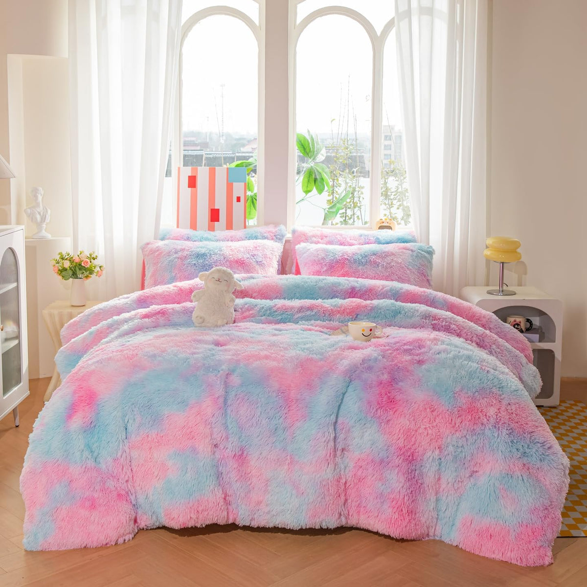 Faux Fur Kids Girls Purple Rainbow Comforter Sets Twin/Full - 3PC Bed Set Warm Comfortable Soft Plush Flannel Velvet Fluffy Fuzzy Bedding（Comforter x 1 Pillowcases x 2）