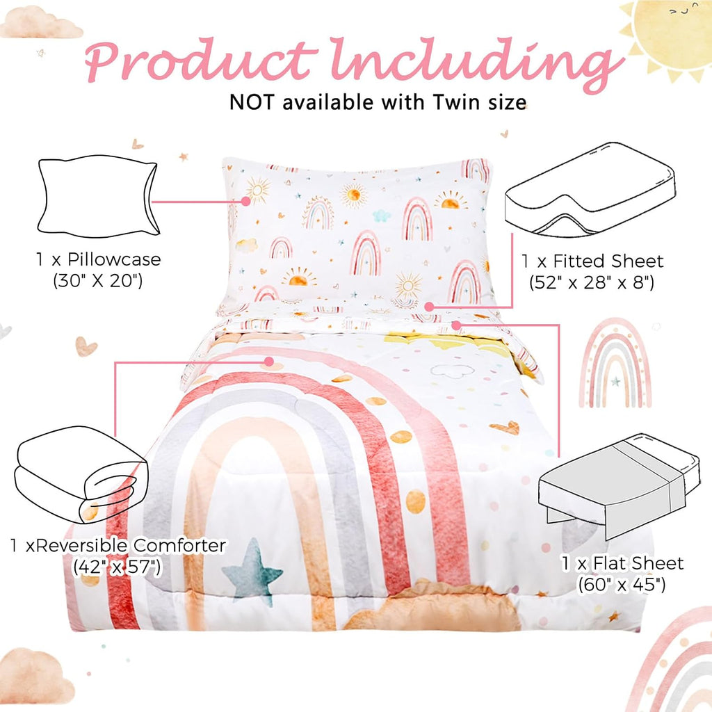 Toddler Bedding Set for Girls 4 Piece Pink Rainbow Toddler Girl Bedding Set Super Soft & Lightweight Toddler Comforter Set Includes Comforter, Flat Sheet, Fitted Sheet, Pillowcase