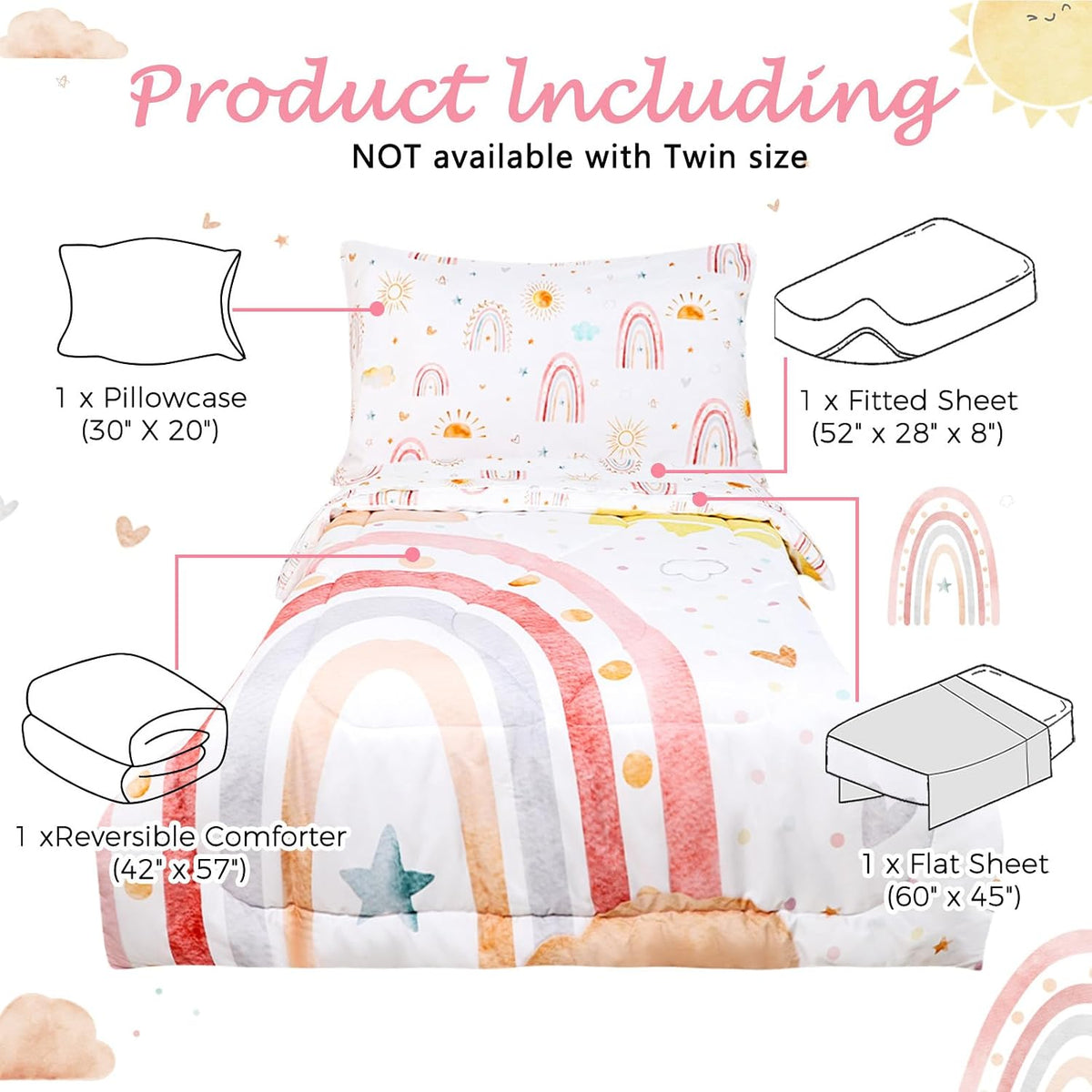 Toddler Bedding Set for Girls 4 Piece Pink Rainbow Toddler Girl Bedding Set Super Soft & Lightweight Toddler Comforter Set Includes Comforter, Flat Sheet, Fitted Sheet, Pillowcase