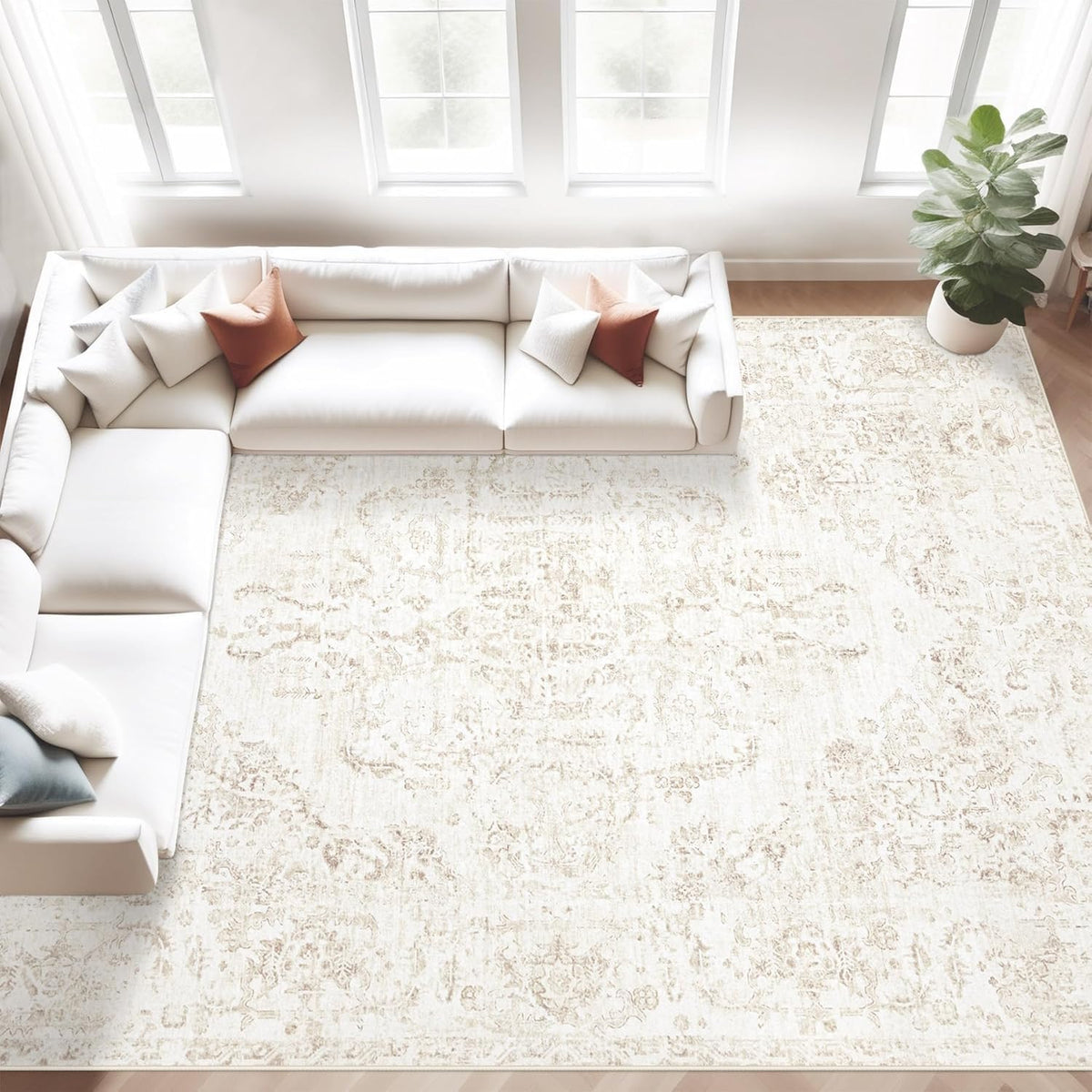 Area Rug 5x7 Vintage Rugs: Washable Living Room Rug Retro Medallion Distressed Large Rug Soft Low Pile Non-Slip Rugs Indoor Floor Carpet for Bedroom Kitchen Nursery Dining Table Office (Beige/Brown)