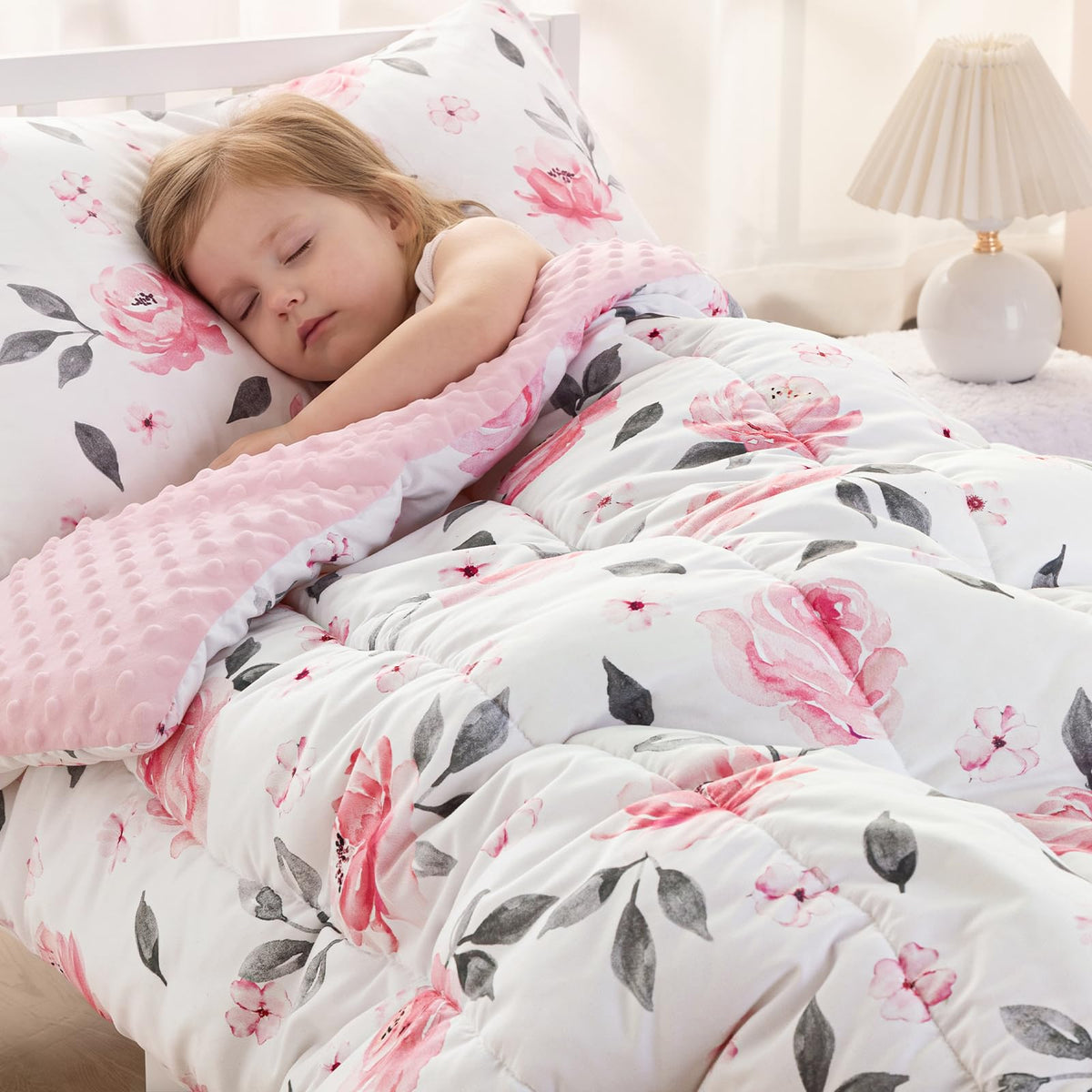 PHF 4 Piece Minky Toddler Bedding Set, Ultra Soft Fluffy Skin-Friendly Soothing Minky Dot Toddler Comforter Set, Unique Pattern Breathable All Season Bedding Set for Boys,Truck