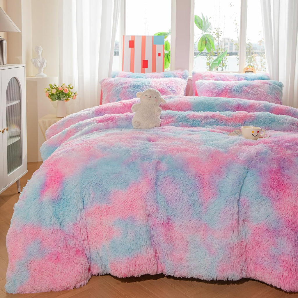 Faux Fur Kids Girls Purple Rainbow Comforter Sets Twin/Full - 3PC Bed Set Warm Comfortable Soft Plush Flannel Velvet Fluffy Fuzzy Bedding（Comforter x 1 Pillowcases x 2）