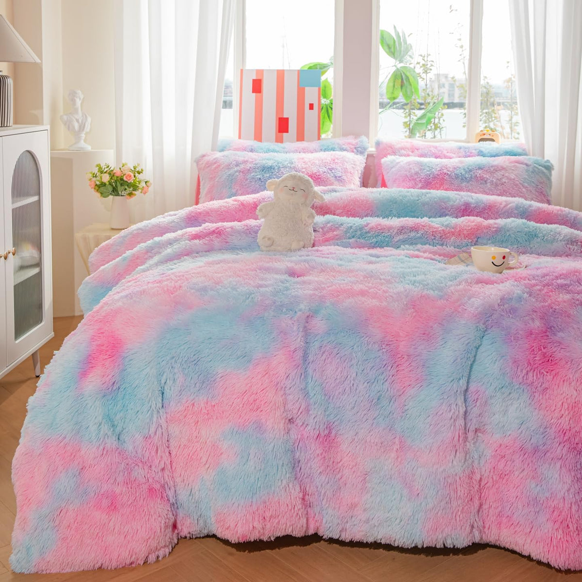 Faux Fur Kids Girls Purple Rainbow Comforter Sets Twin/Full - 3PC Bed Set Warm Comfortable Soft Plush Flannel Velvet Fluffy Fuzzy Bedding（Comforter x 1 Pillowcases x 2）