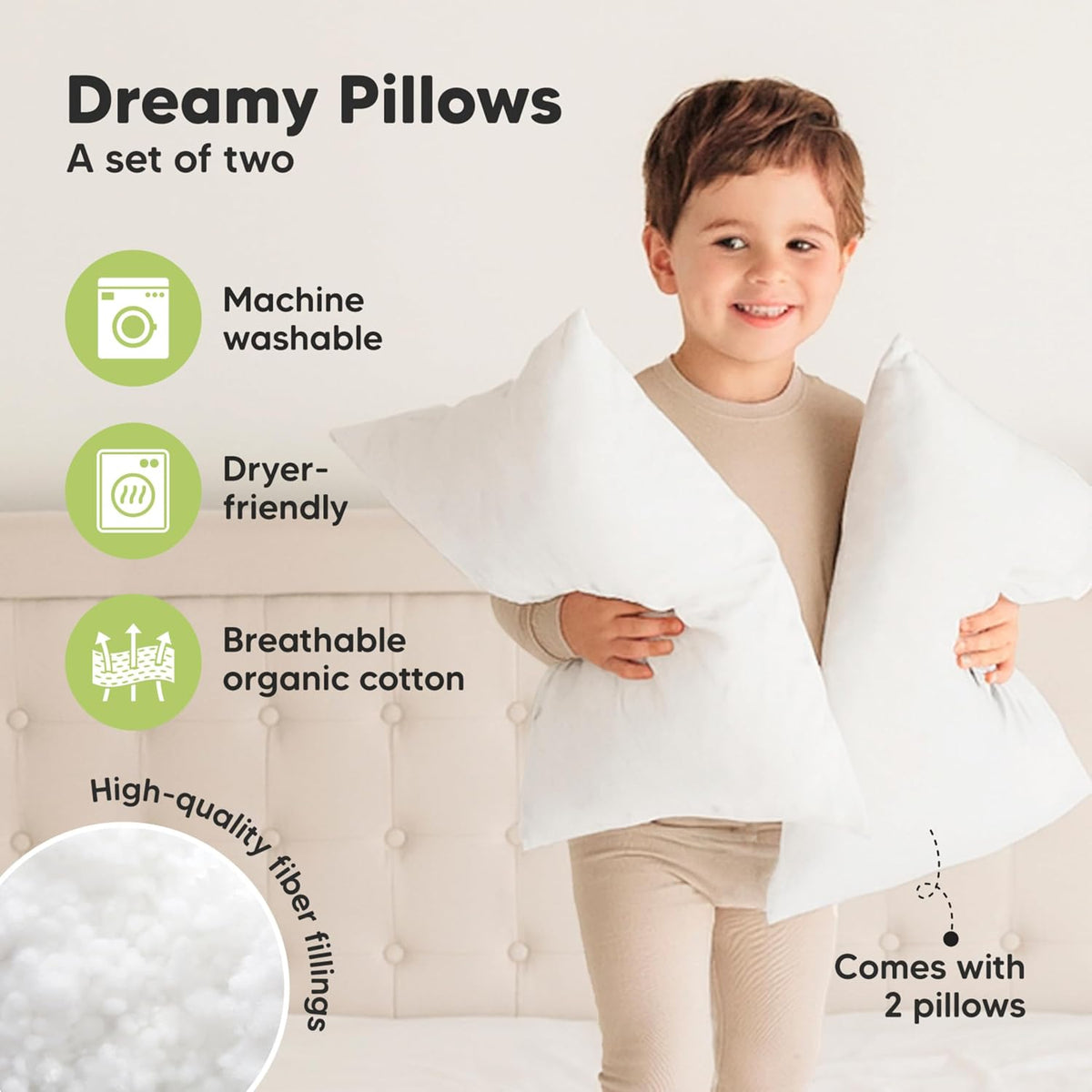 KeaBabies 2pk Toddler Pillows 2 Year Old to 5,14x20 Kids Pillow(Soft White)