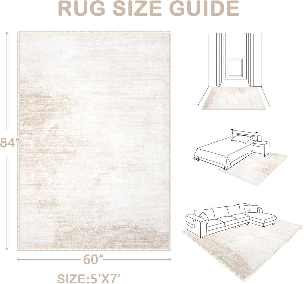 Area Rugs 5x7 Living Room: Washable Rug Modern Abstract Large Rug Soft Non Slip Neutral Rugs Stain Resistant Indoor Carpet for Bedroom Kitchen Dining Room Table Nursery Home Office Rugs(Beige,5'x7')