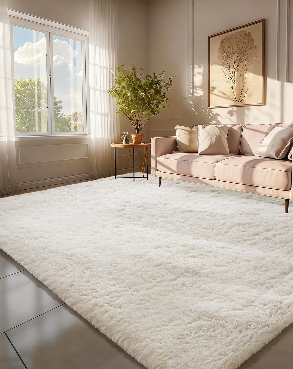 Ophanie Round Rugs 5Ft Ivory Circle Area Rug,Baby Nursery Living Room Bedroom Decor Circular Carpet 5 Foot,Fluffy Fuzzy Shag Plush Cream for Kids Boys Girls Teen with Over 99 pcs Pile fibers