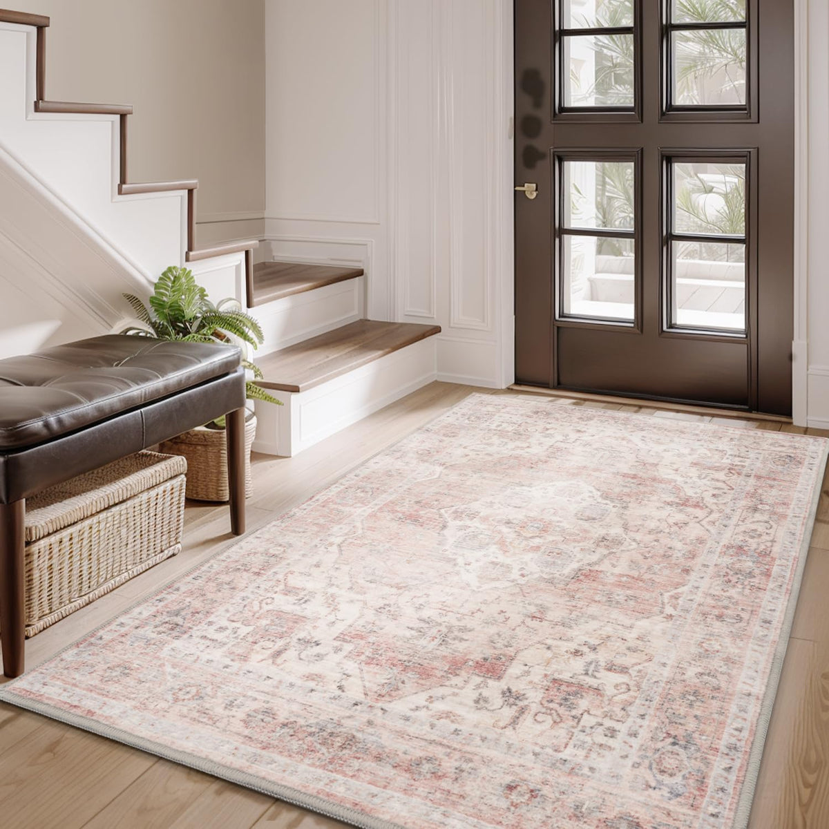 AMOAMI-Area Rug 5X7 Rugs for Living Room-Vintage Soft Beige Rugs for Bedroom-Non Slip Carpet-Machine Washable Rug for Dining Room Living Room Bedroom Office Under Table-Beige