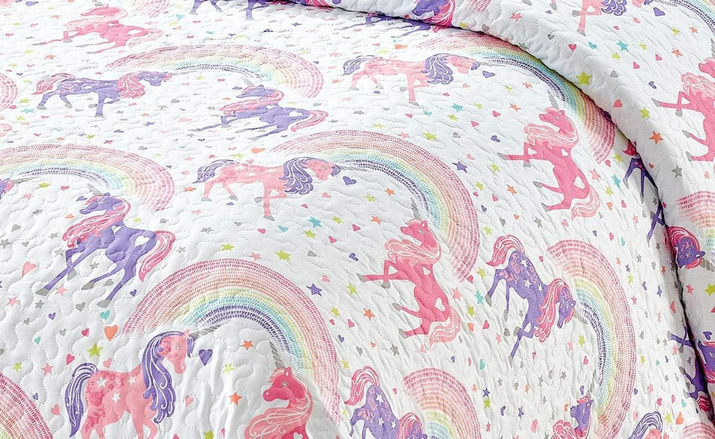 Kids Collection Bedspread Coverlet Kids/Teens Unicorn Stars Hearts Rainbow White Pink Purple Yellow Orange Grey New # Unicorn Two (Full/Queen)