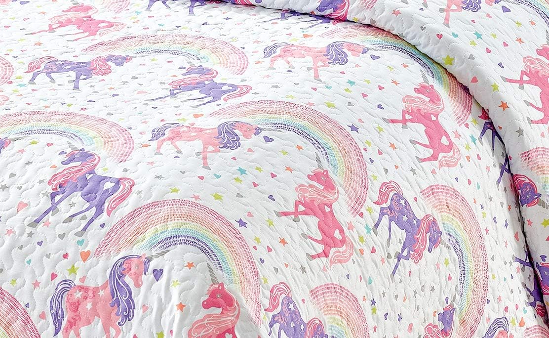 Kids Collection Bedspread Coverlet Kids/Teens Unicorn Stars Hearts Rainbow White Pink Purple Yellow Orange Grey New # Unicorn Two (Full/Queen)