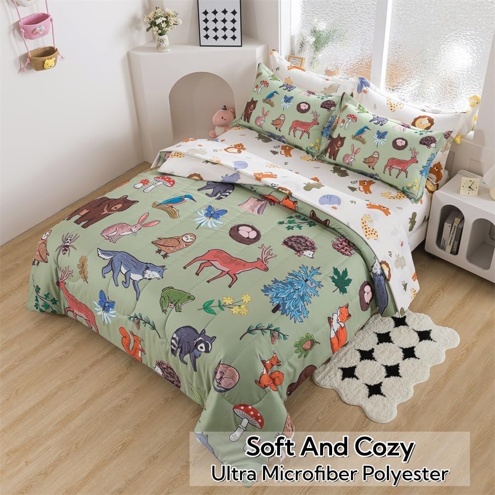 lishjekee 5Pieces Animal Comforter Twin for Kids Wild Animal Bedding Set Bed in A Bag Forest Wildlife Comforter and Sheets Set for Boys Girls Jungle Bear Wolf Deer Bed Set Home Decor