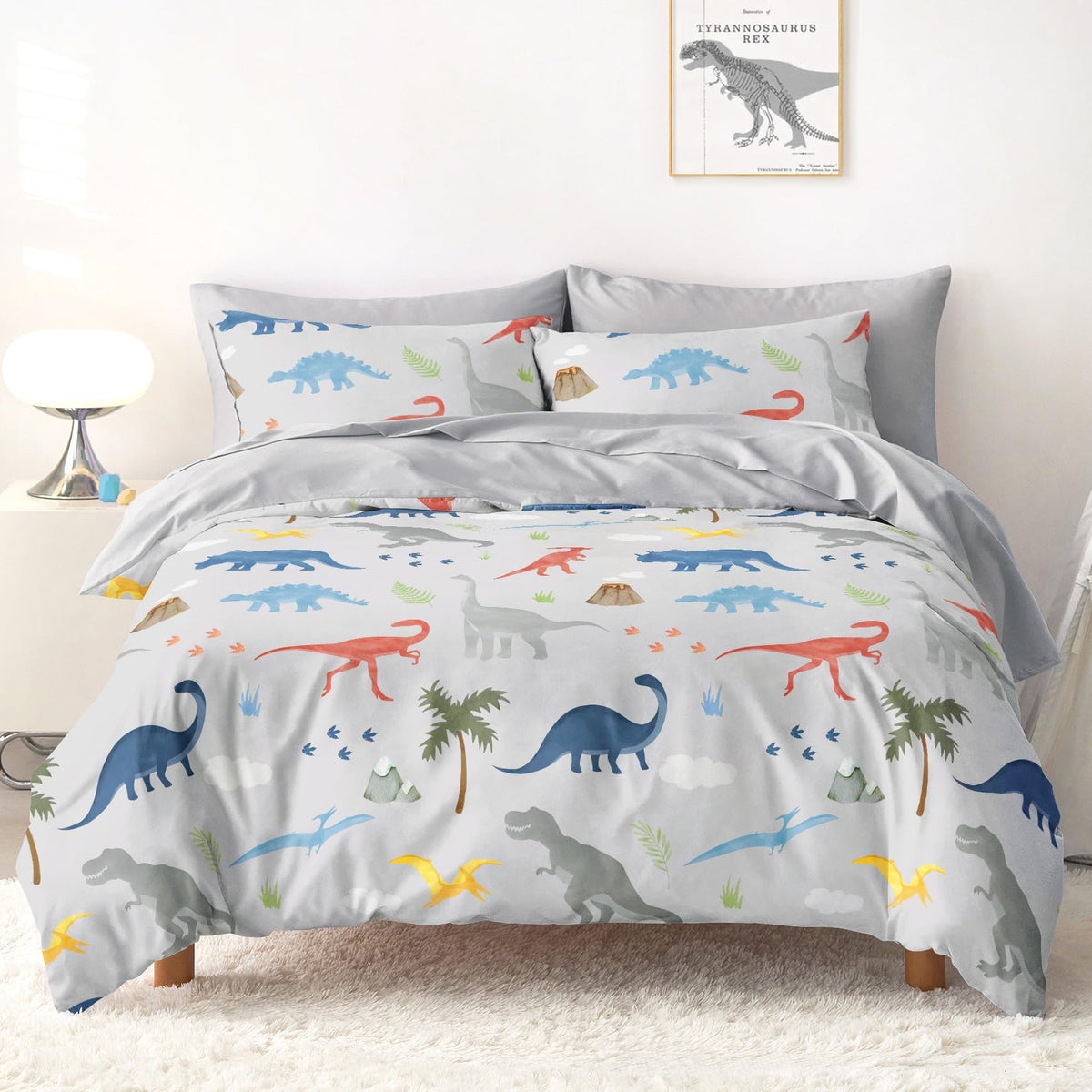 Wake In Cloud - Dinosaur Bedding Set for Boys, Cute Colorful Dinosaur Dino, Soft Lightweight Comforter Set with Sheets, 5 Pieces Kids Bed in a Bag, Dark Green, Twin Size