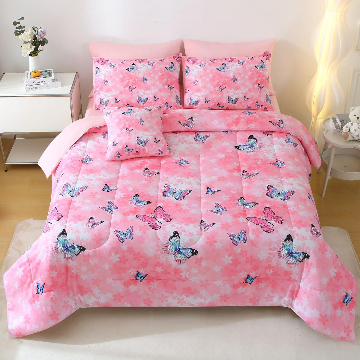 JQinHome 6 Pc Twin Rainbow Butterfly Comforter Set - 3D Butterfly Design Butterflies Bedding with Sheet Sets Bed in A Bag for Girls Kids Teens (Rainbow)