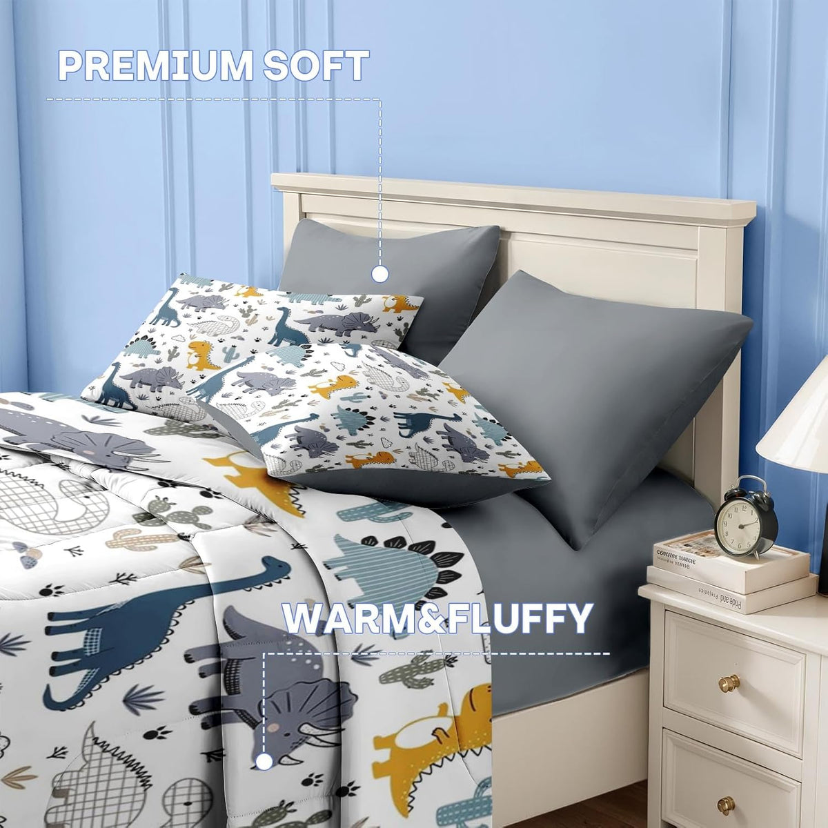 Nesker Twin Comforter Set for Boys, 5 Pieces Dinosaur Bedding for Kids