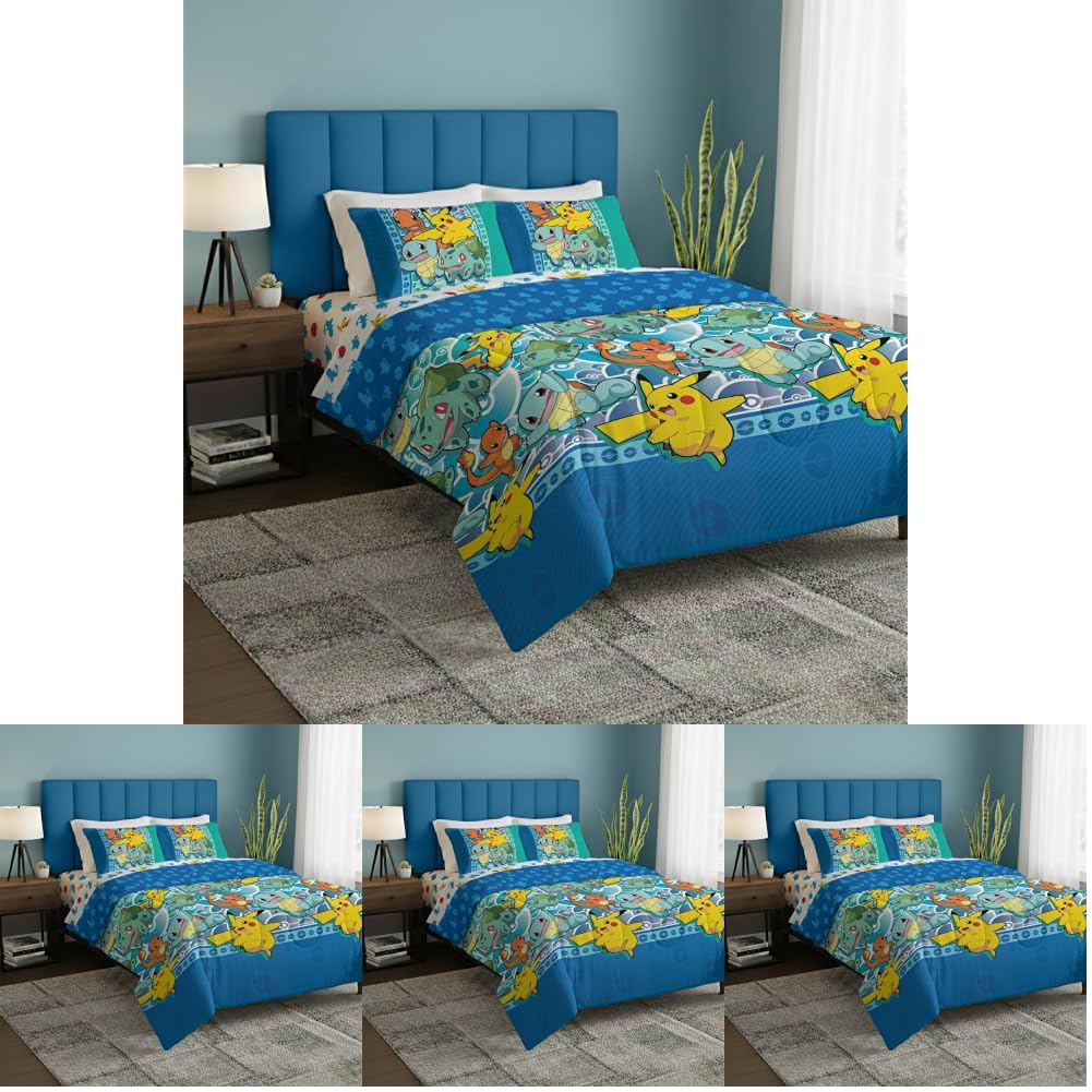 Northwest Pokemon First Starters Full Size Bed in a Bag Set, Pikachu Charmander Squirtle Bulbasaur, Kids Boys Girls Bedding Comforter Sheets