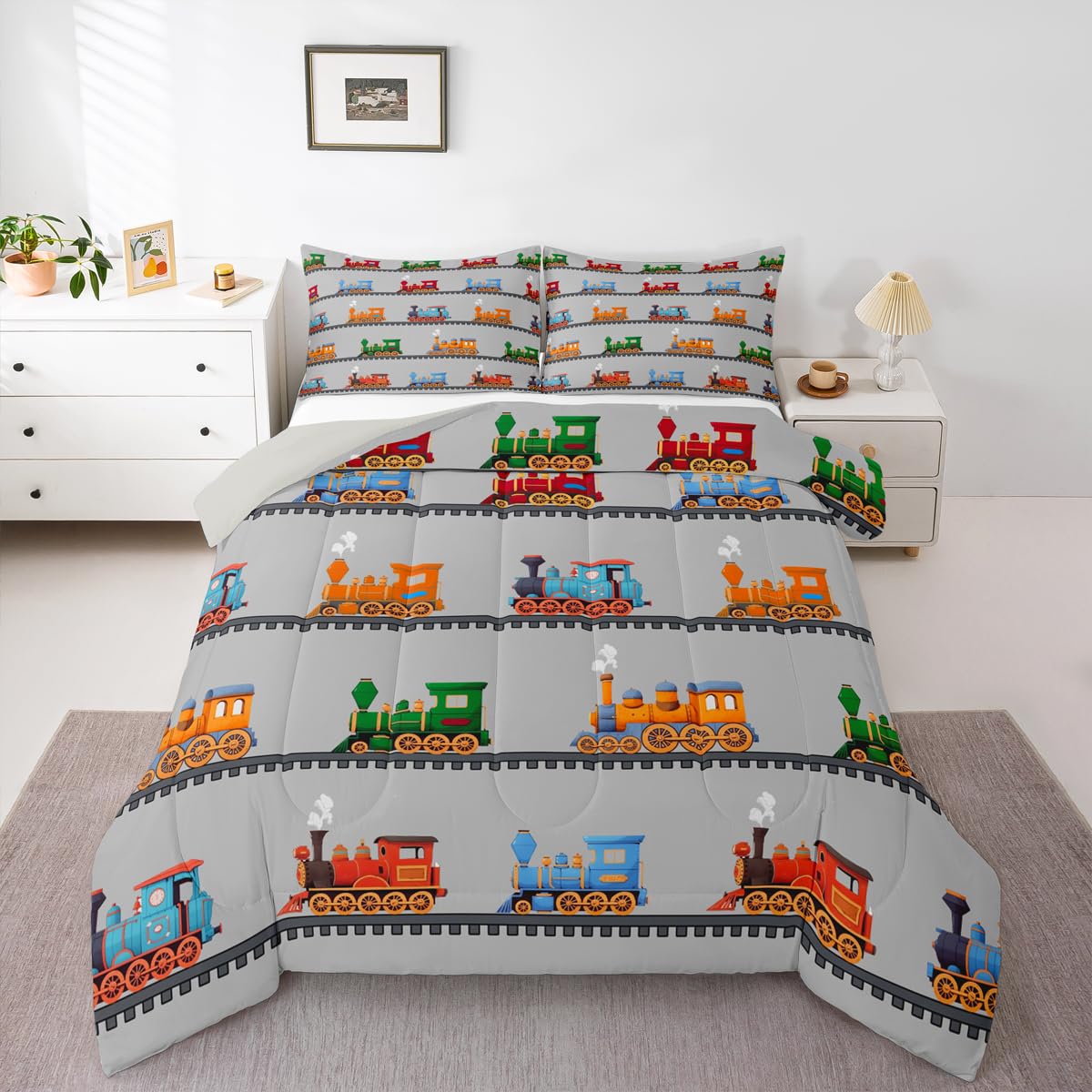 Erosebridal Cartoon Train Comforter Set Twin Kids Bedding for Boys Girls