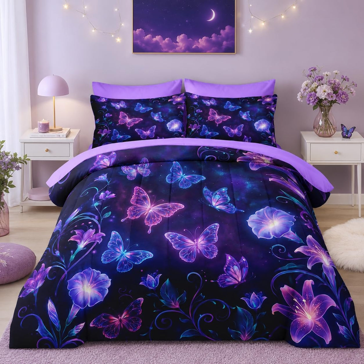 Pamnest Twin Comforter Set for Girls, 5 Pieces Butterfly Bedding Set
