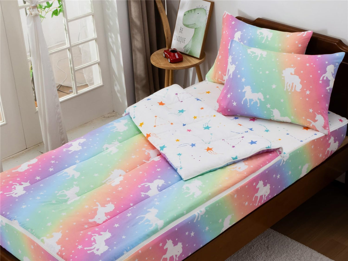 NTBED Unicorn Zipper Bedding Sets Twin for Kids Boys Lightweight Glow in Dark Comforter Set with Fitted Sheet Rainbow Pillow Covers