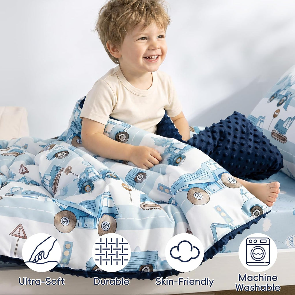 PHF 4 Piece Minky Toddler Bedding Set, Ultra Soft Fluffy Skin-Friendly Soothing Minky Dot Toddler Comforter Set, Unique Pattern Breathable All Season Bedding Set for Boys,Truck