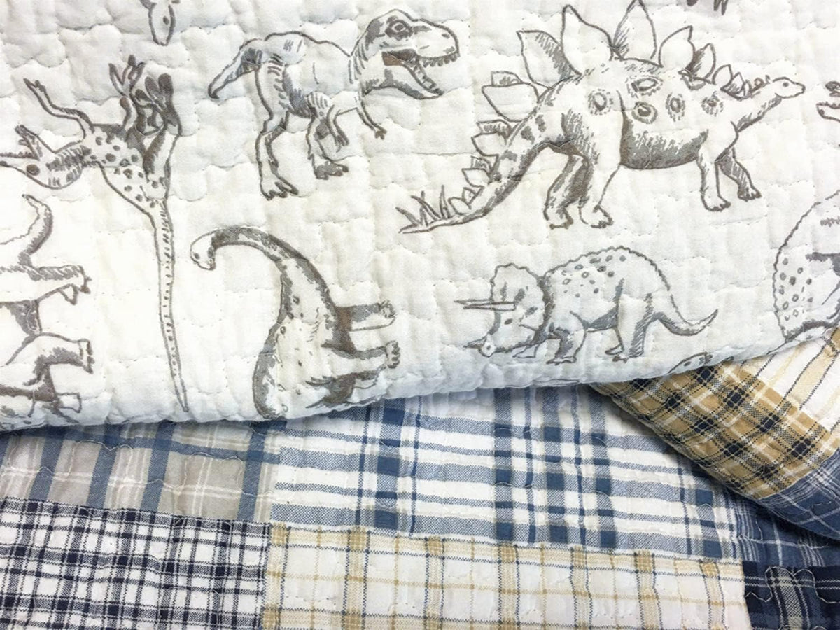 Cozy Line Home Fashions Benjamin Cute Dinosaur Plaid Navy Blue White Grey Bedding Quilt Set 100% Cotton Reversible Coverlet Bedspread Set for Kids Boy(Twin - 2 piece)
