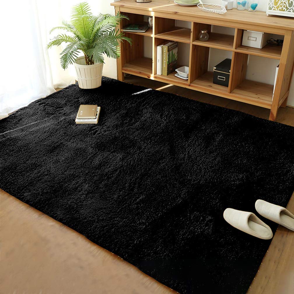 Merelax Soft Area Rug for Livingroom Bedroom, Machine Washable 4x6 Black Rugs Fluffy Shaggy Bedside Rug, Non Slip Indoor Carpet for Nursery Kids Room Home Decor Aesthetic