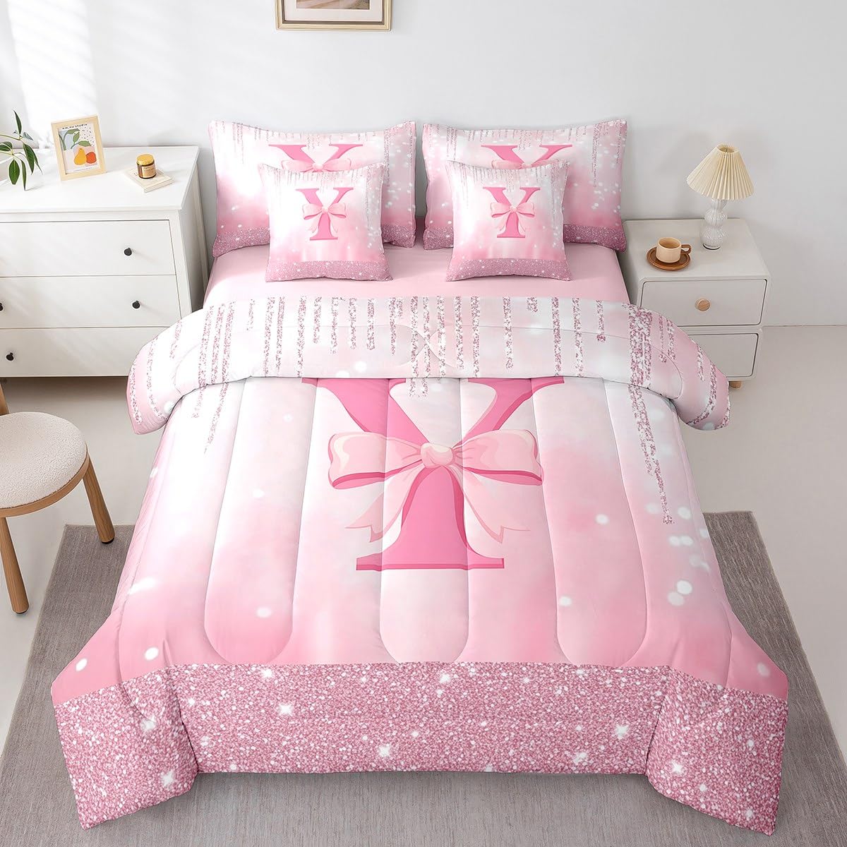 Feelyou Kids Pink Bowknot Bed in A Bag Twin Size, Personalized Initial A Comforter Set with Sheets Princess Glitter 7 Pieces Bedding Set Boys Girls Bow Alphabet Teens Bed Set Bedroom Decor 7Pcs