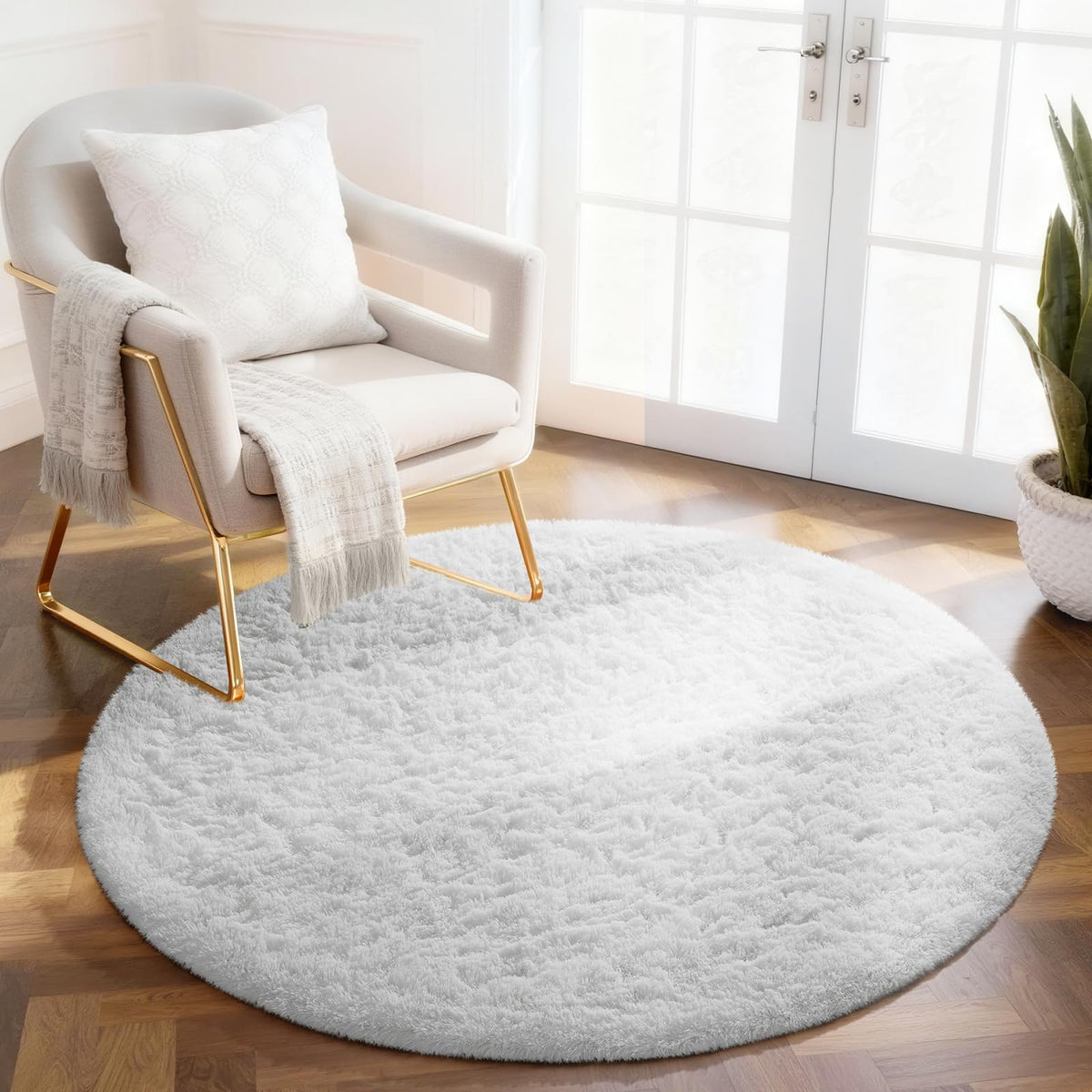 Ophanie Round Rugs 5Ft Ivory Circle Area Rug,Baby Nursery Living Room Bedroom Decor Circular Carpet 5 Foot,Fluffy Fuzzy Shag Plush Cream for Kids Boys Girls Teen with Over 99 pcs Pile fibers