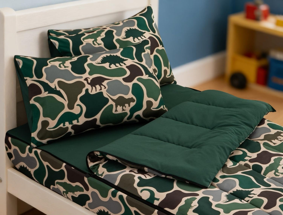 Meeting Story Zippable Bedding Twin,Dinosaur Camo Bedding Set Zip Up Comforter Bed in a Bag with Fitted Sheet and 2 Pcs Pillowcases(Green,Twin)