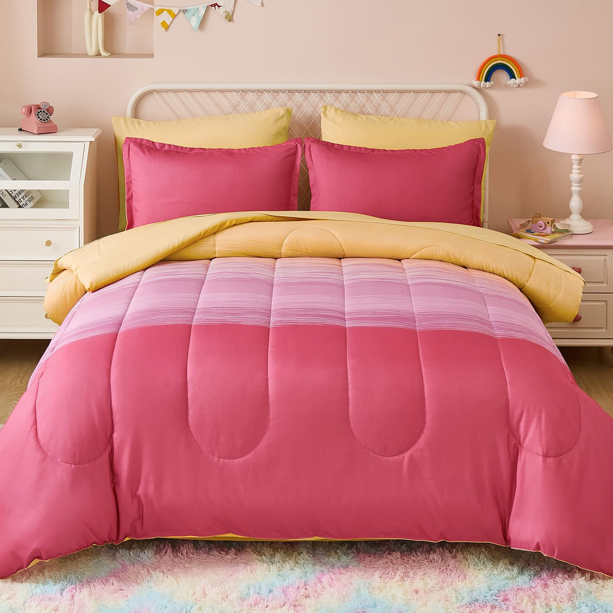 Dinjoy Girls Comforter Set 7 Pieces, Queen Size Colorful Ombre Rainbow Bedding Set, Bed in A Bag for Kid Teen Girls (1 Comforter, 1 Flat Sheet, 1 Fitted Sheet, 2 Pillow Shams, 2 Pillowcases)