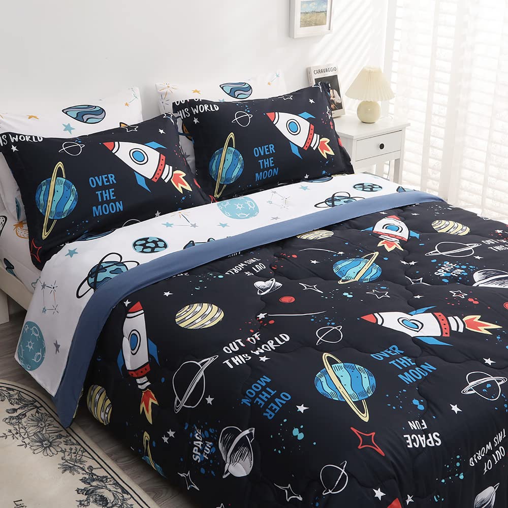 Wajade 7 Piece Kid Boys Dinosaur Comforter Set Twin Size 3D Blue Dinosaur Wild Park Jungle Print Bedding Set with Comforter, Sheet Set, Pillowcase and Sham