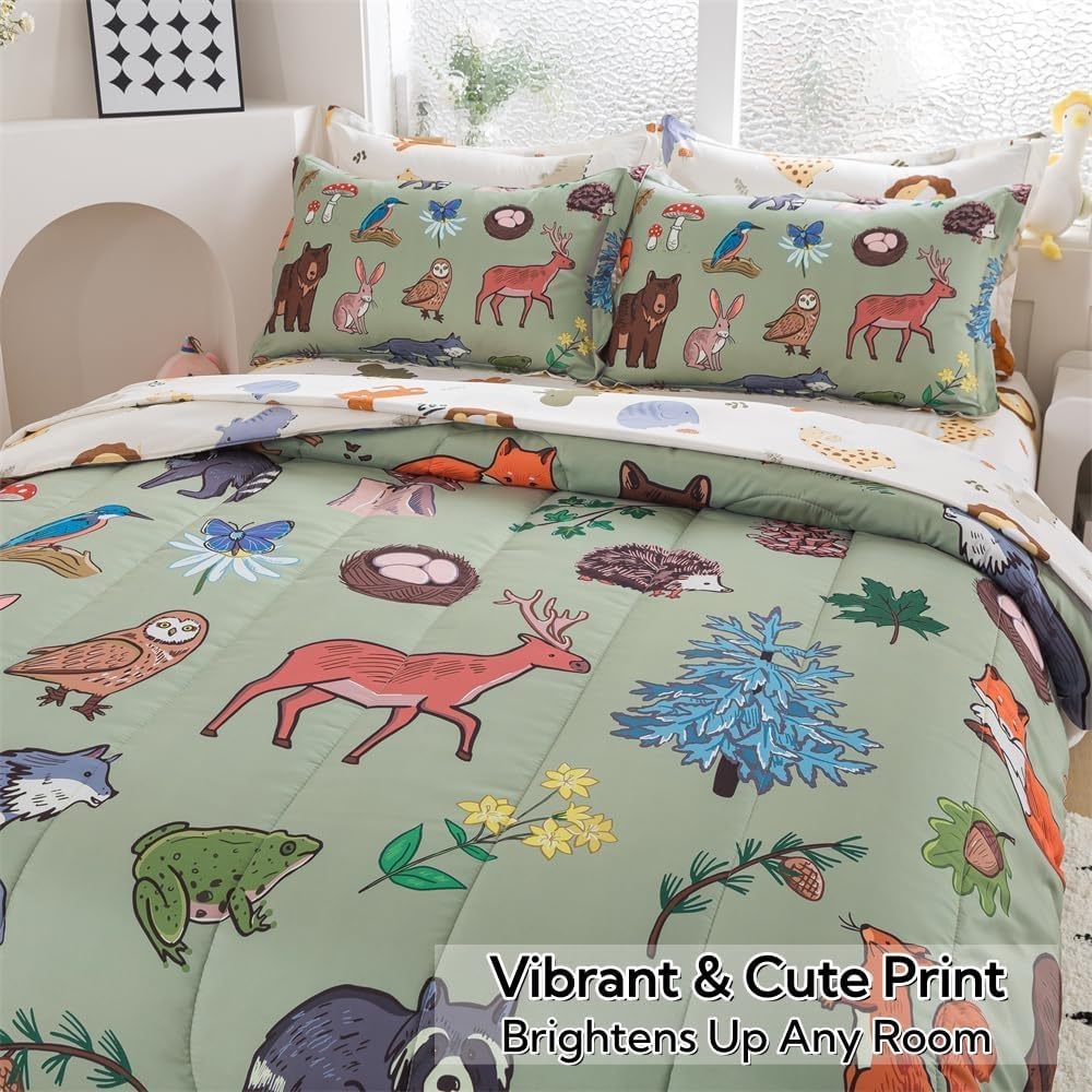 lishjekee 5Pieces Animal Comforter Twin for Kids Wild Animal Bedding Set Bed in A Bag Forest Wildlife Comforter and Sheets Set for Boys Girls Jungle Bear Wolf Deer Bed Set Home Decor