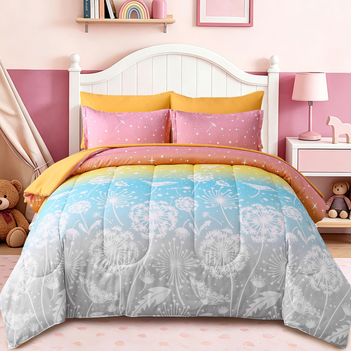 Dinjoy Girls Comforter Set 7 Pieces, Queen Size Colorful Ombre Rainbow Bedding Set, Bed in A Bag for Kid Teen Girls (1 Comforter, 1 Flat Sheet, 1 Fitted Sheet, 2 Pillow Shams, 2 Pillowcases)